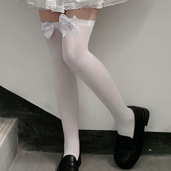 Bow Decor Pure Color Lolita Stockings - Modakawa Modakawa