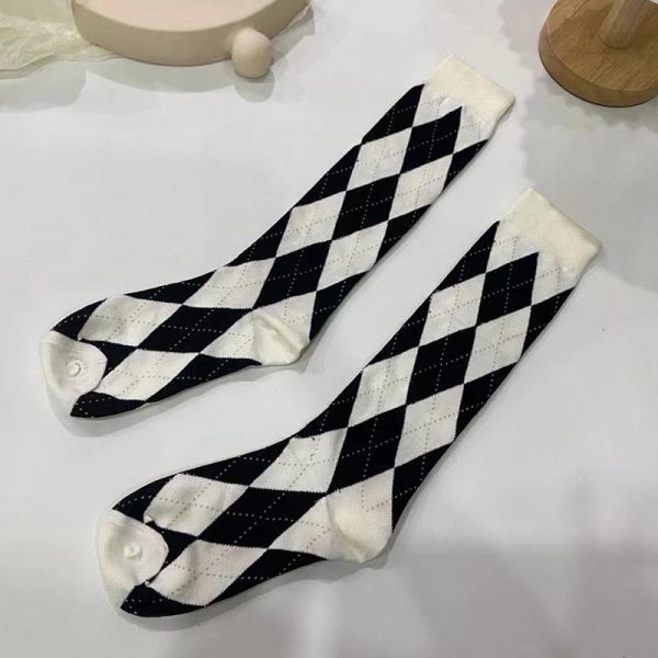 Rhombus Pattern Print JK Socks - Modakawa Modakawa