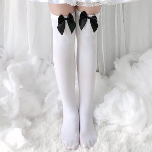 Bow Decor Pure Color Lolita Stockings - Modakawa Modakawa