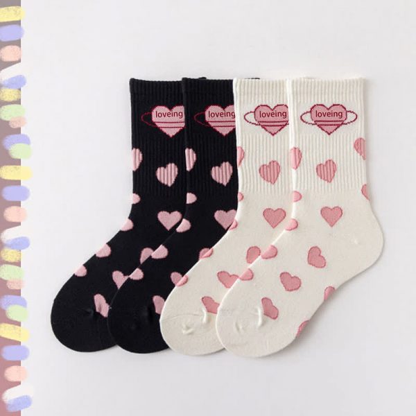 Cute Black Pink Love Heart Cotton Socks - Modakawa Modakawa