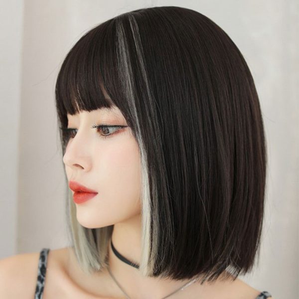 Short Highlights Straight Wig With Neat Bangs - Modakawa modakawa
