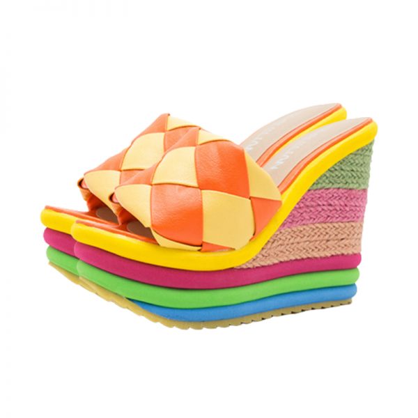 Rainbow Colorblock Chunky Heel Slippers - Modakawa Modakawa