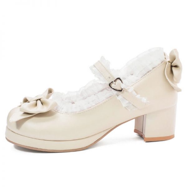 Bowknot Lace Round Toe Chunk Low Heel Mary Janes Shoes - Modakawa modakawa