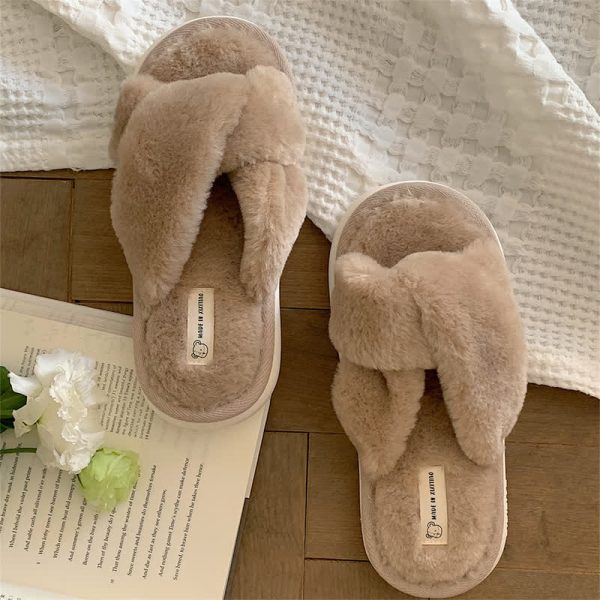 Pure Color Cross Casual Plush Slippers - Modakawa Modakawa