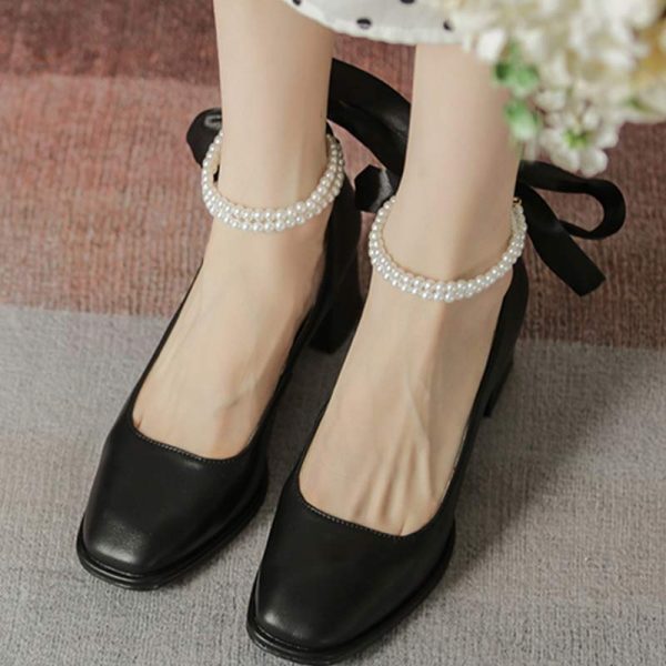 Pearl Bow Mary Janes High-heeled Shoes - Modakawa Modakawa