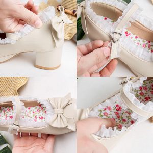 Bowknot Lace Round Toe Chunk Low Heel Mary Janes Shoes - Modakawa modakawa