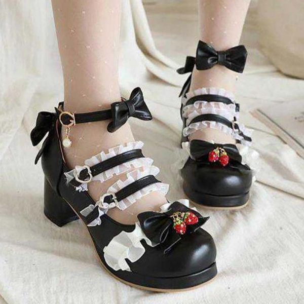 Lace Bow Lolita Kitten Heel Mary Janes Shoes - Modakawa Modakawa