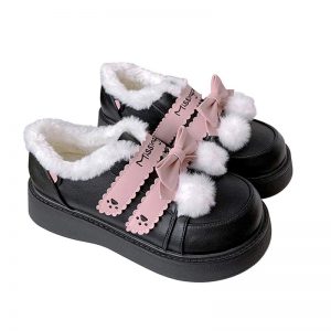 Platform Bow Knot Plush Lolita Mary Janes Shoes - Modakawa Modakawa