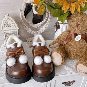 Platform Bow Knot Plush Lolita Mary Janes Shoes - Modakawa Modakawa