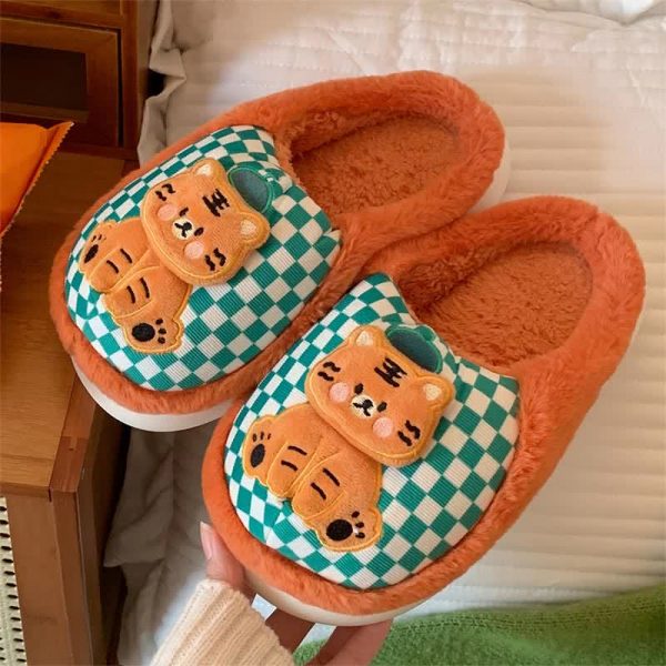 Cute Cartoon Tiger Plaid Plush Slippers - Modakawa Modakawa