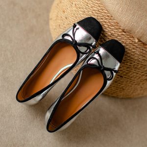 Sqaure Toe Bowknot Colorblock Mary Janes Flats Shoes - Modakawa modakawa