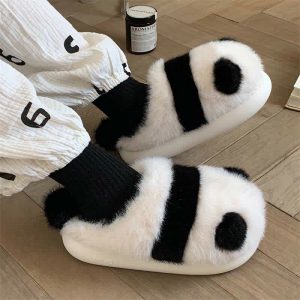 Lovely Cartoon Panda Fuzzy Ball Plush Slippers - Modakawa Modakawa