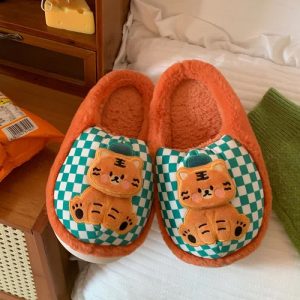 Cute Cartoon Tiger Plaid Plush Slippers - Modakawa Modakawa