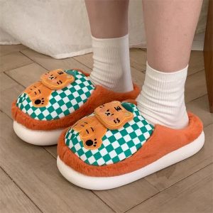 Cute Cartoon Tiger Plaid Plush Slippers - Modakawa Modakawa