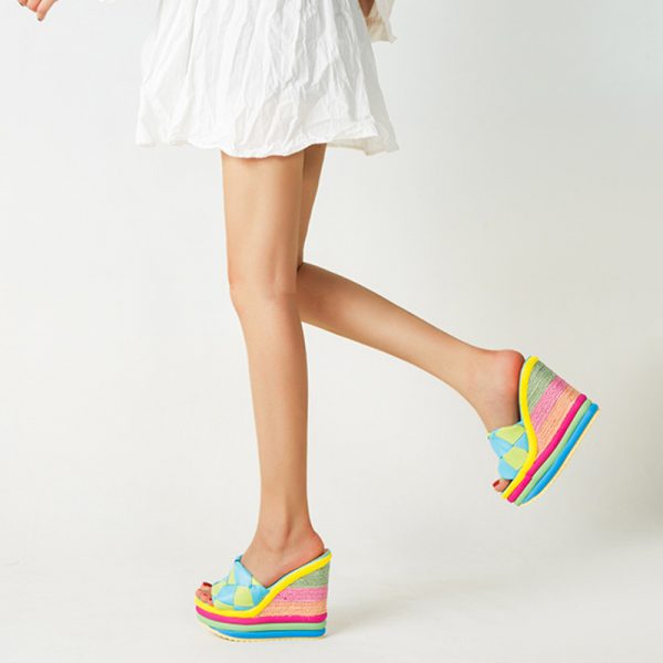 Rainbow Colorblock Chunky Heel Slippers - Modakawa Modakawa