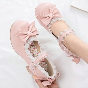 Bowknot Lace Round Toe Chunk Low Heel Mary Janes Shoes - Modakawa modakawa