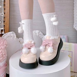 Platform Bow Knot Plush Lolita Mary Janes Shoes - Modakawa Modakawa