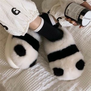 Lovely Cartoon Panda Fuzzy Ball Plush Slippers - Modakawa Modakawa