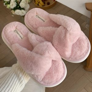 Pure Color Cross Casual Plush Slippers - Modakawa Modakawa