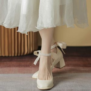 Pearl Bow Mary Janes High-heeled Shoes - Modakawa Modakawa