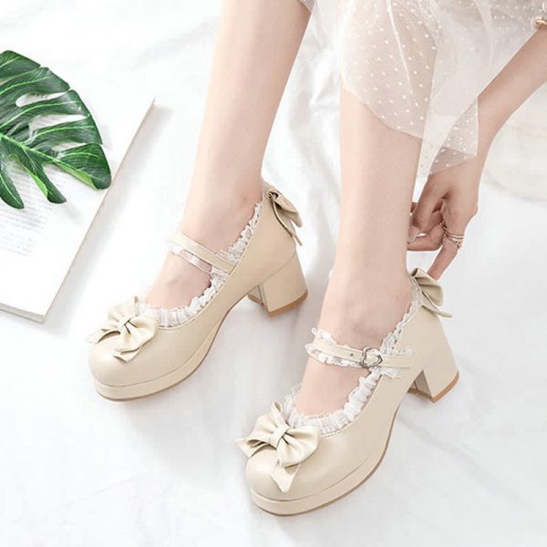 Bowknot Lace Round Toe Chunk Low Heel Mary Janes Shoes - Modakawa modakawa