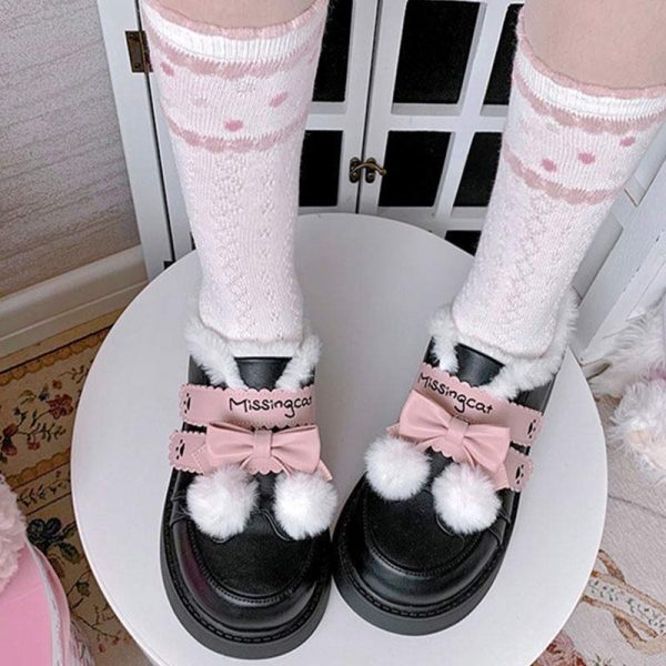 Platform Bow Knot Plush Lolita Mary Janes Shoes - Modakawa Modakawa