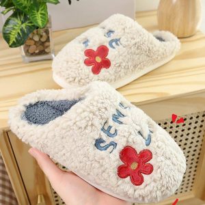 Flower Letters Plush Slippers - Modakawa Modakawa